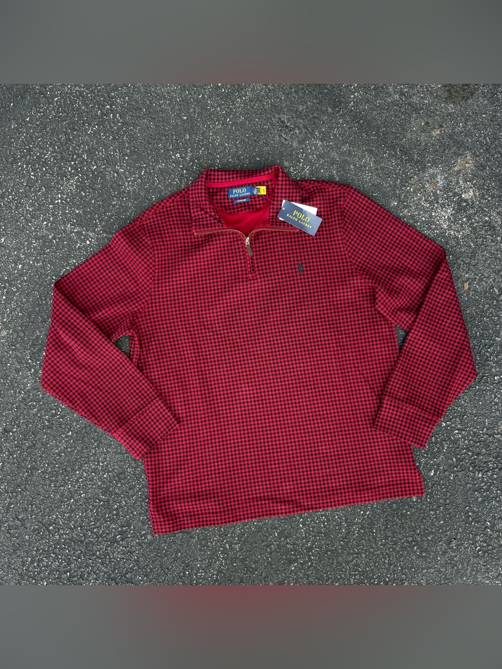 Polo Ralph Lauren Men Quarter-Zip Micro Buffalo Check Plaid Estate Rib Pullover